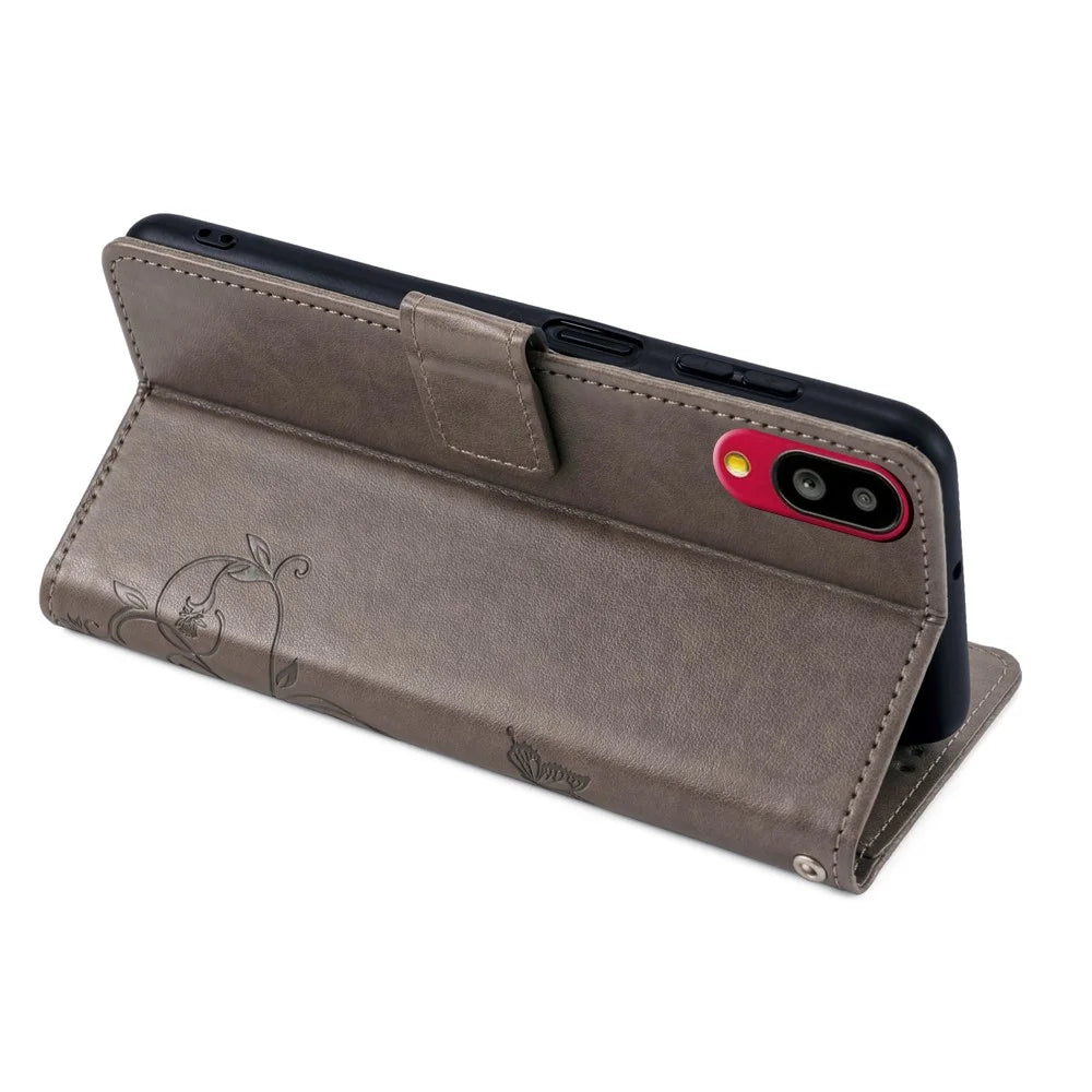 For Sharp Simple Sumaho 6 A201SH Case PU Leather Butterfly Flower Wallet Cover - Grey - 3