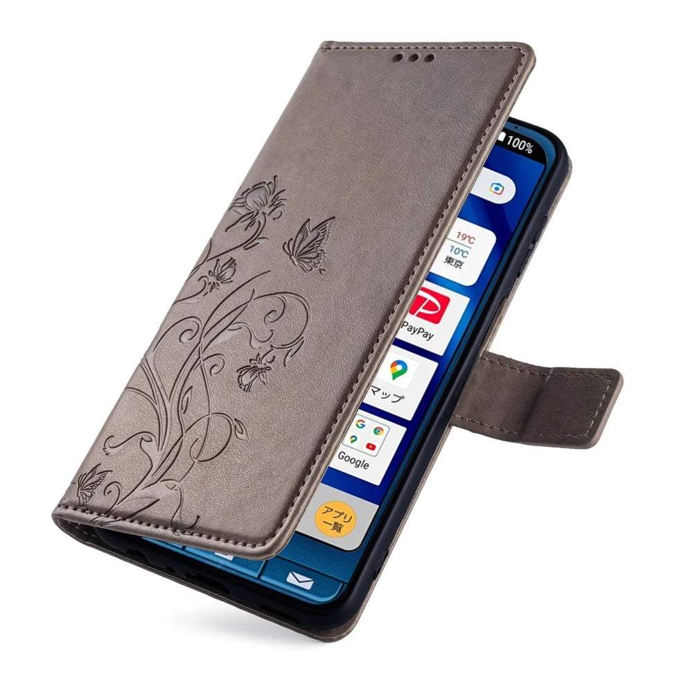 For Sharp Simple Sumaho 6 A201SH Case PU Leather Butterfly Flower Wallet Cover - Grey - 4