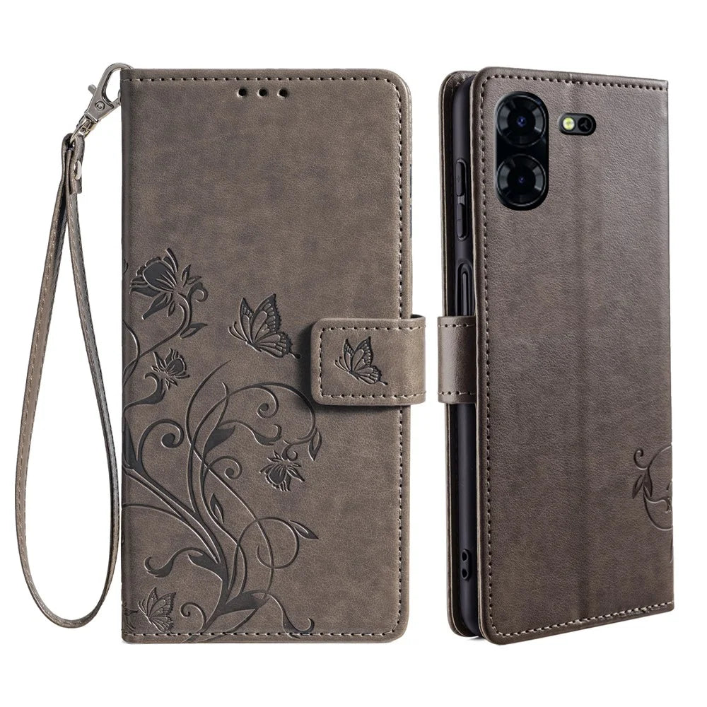 For TECNO Pova 5 Pro 5G Wallet Protective Case PU Leather Butterfly Flower Magnetic Flip Cover - Grey - 1