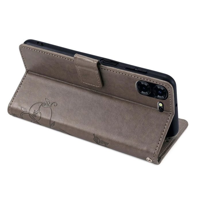 For TECNO Pova 5 Pro 5G Wallet Protective Case PU Leather Butterfly Flower Magnetic Flip Cover - Grey - 3