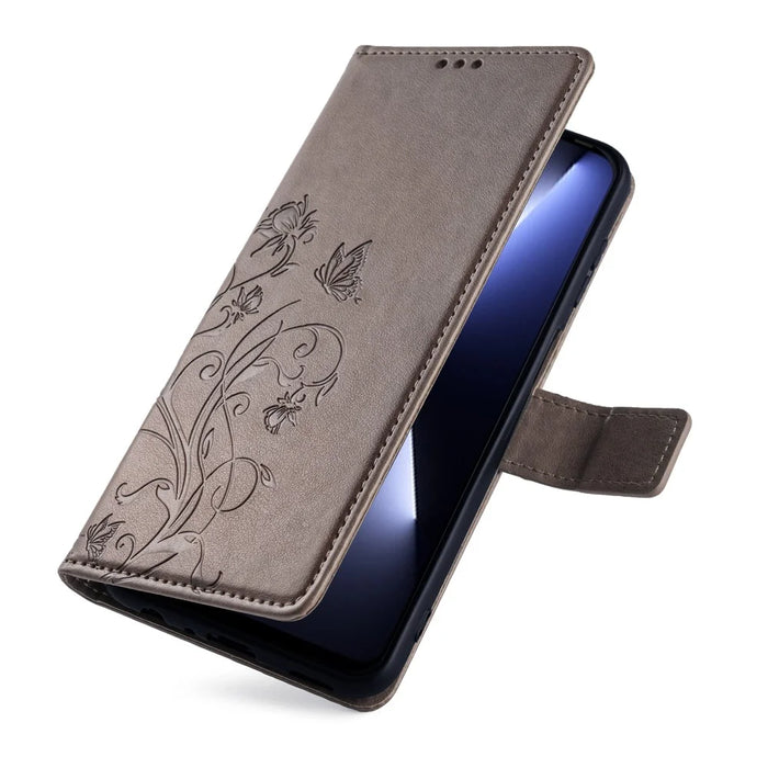 For TECNO Pova 5 Pro 5G Wallet Protective Case PU Leather Butterfly Flower Magnetic Flip Cover - Grey - 5