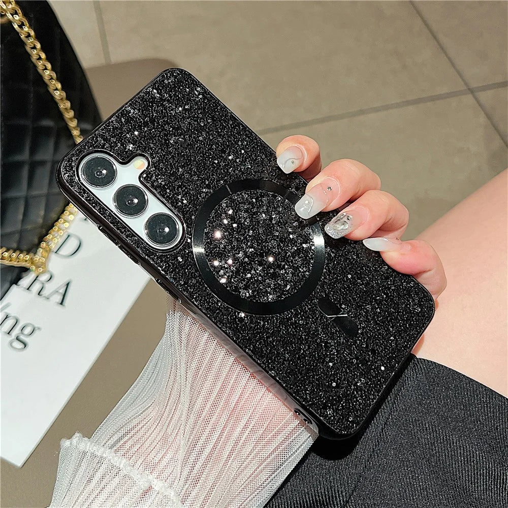 For Samsung Galaxy S24 Magnetic Case Electroplating TPU+PC Sparkle Phone Cover - Black - 1