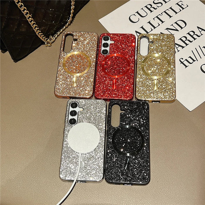 For Samsung Galaxy S24 Magnetic Case Electroplating TPU+PC Sparkle Phone Cover - Black - 5