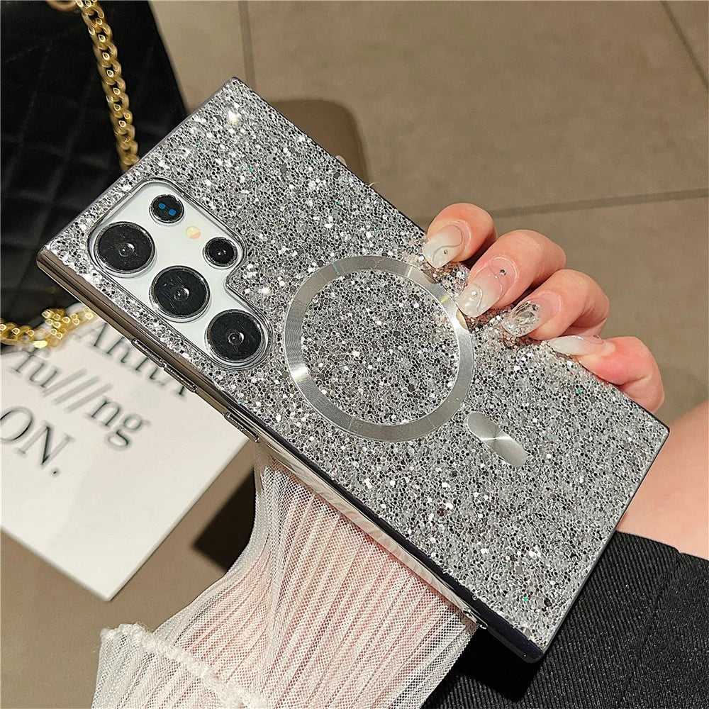 For Samsung Galaxy S24 Ultra Glitter Magnetic Case Electroplating TPU Frame PC Back Mobile Phone Cover - Silver - 1