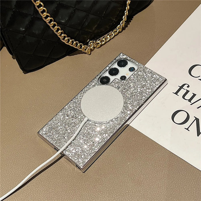 For Samsung Galaxy S24 Ultra Glitter Magnetic Case Electroplating TPU Frame PC Back Mobile Phone Cover - Silver - 2