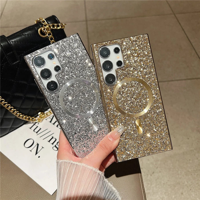 For Samsung Galaxy S24 Ultra Glitter Magnetic Case Electroplating TPU Frame PC Back Mobile Phone Cover - Silver - 3
