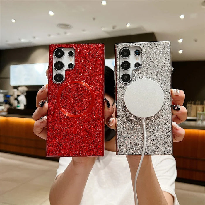 For Samsung Galaxy S24 Ultra Glitter Magnetic Case Electroplating TPU Frame PC Back Mobile Phone Cover - Silver - 4