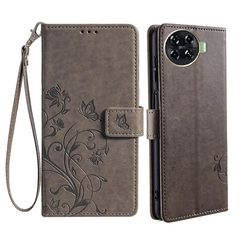 For TECNO Spark 20 Pro+ Case Butterfly Flower Imprinted PU Leather Phone Cover - Grey - 1