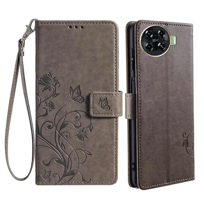 For TECNO Spark 20 Pro+ Case Butterfly Flower Imprinted PU Leather Phone Cover - Grey - 1