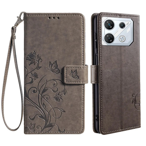 For Infinix GT 10 Pro 5G Case Butterfly Flower Imprinted PU Leather Phone Cover - Grey - 1