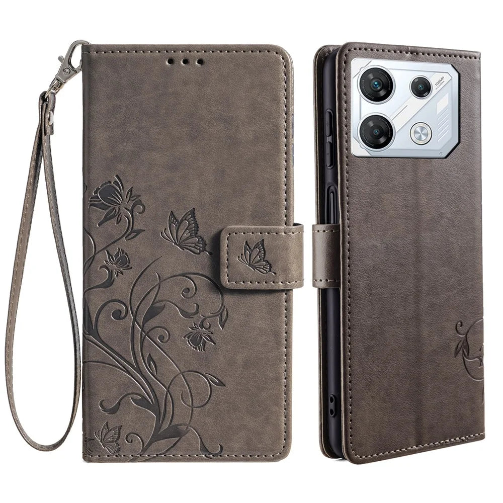 For Infinix GT 10 Pro 5G Case Butterfly Flower Imprinted PU Leather Phone Cover - Grey - 1