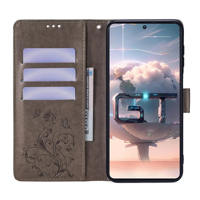 For Infinix GT 10 Pro 5G Case Butterfly Flower Imprinted PU Leather Phone Cover - Grey - 2