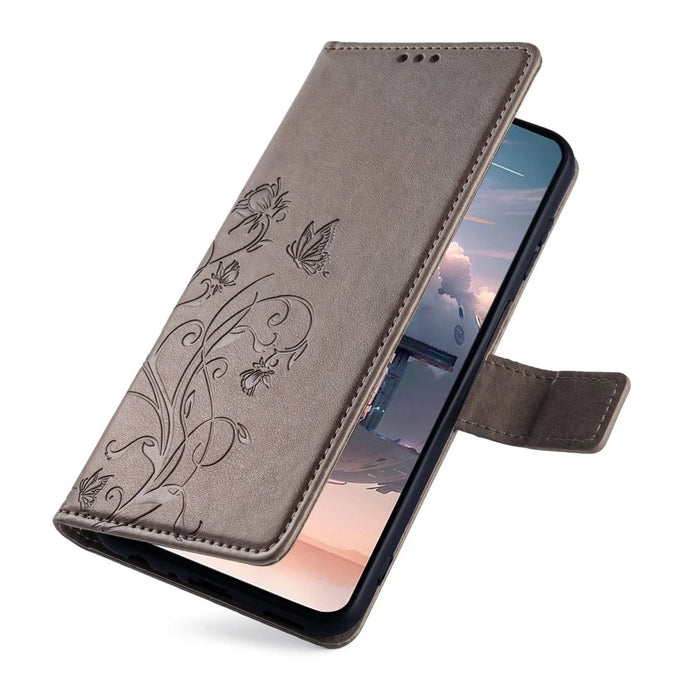 For Infinix GT 10 Pro 5G Case Butterfly Flower Imprinted PU Leather Phone Cover - Grey - 5