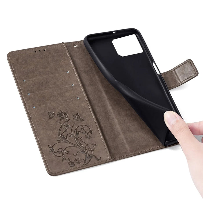 For Infinix GT 10 Pro 5G Case Butterfly Flower Imprinted PU Leather Phone Cover - Grey - 6