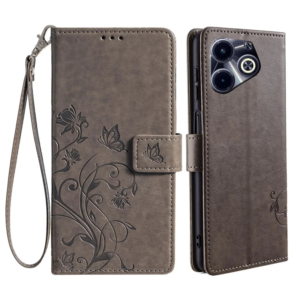 For Infinix Hot 40i Wallet Case PU Leather Butterfly Flower Protective Flip Cover - Grey - 1