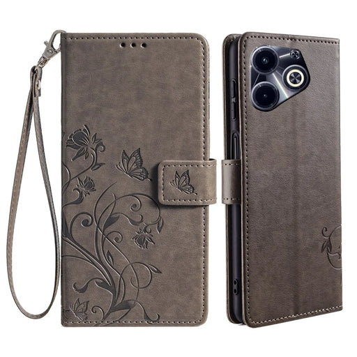 For Infinix Hot 40i Wallet Case PU Leather Butterfly Flower Protective Flip Cover - Grey - 1