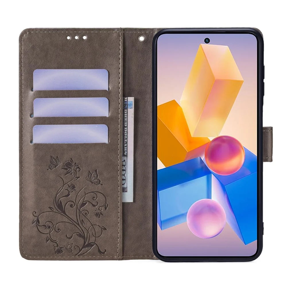 For Infinix Hot 40i Wallet Case PU Leather Butterfly Flower Protective Flip Cover - Grey - 2