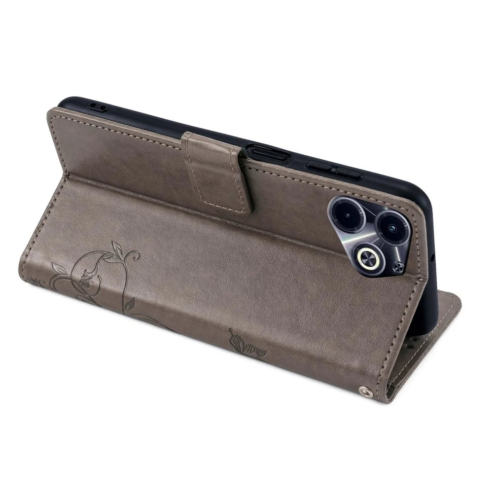 For Infinix Hot 40i Wallet Case PU Leather Butterfly Flower Protective Flip Cover - Grey - 3