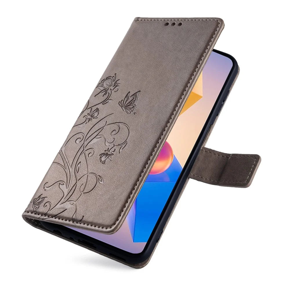 For Infinix Hot 40i Wallet Case PU Leather Butterfly Flower Protective Flip Cover - Grey - 5