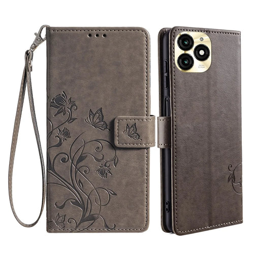 For itel A70 Phone Case Butterfly Flower Imprint PU Leather Wallet Cover - Grey - 1