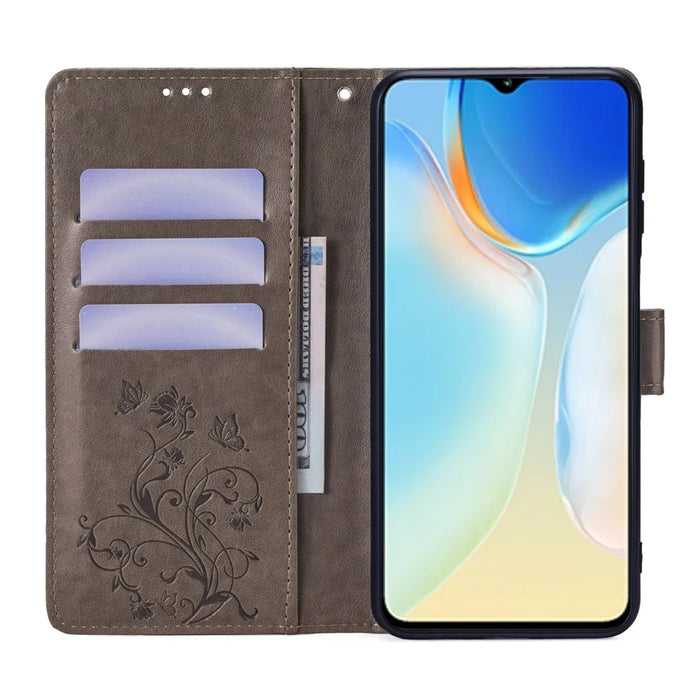 For itel A70 Phone Case Butterfly Flower Imprint PU Leather Wallet Cover - Grey - 2