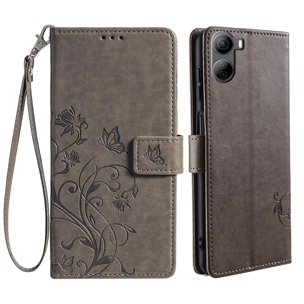 For ZTE Libero 5G IV Wallet Case Butterfly Flower Imprint Anti-Scratch PU Leather Phone Cover - Grey - 1