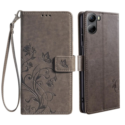 For ZTE Libero 5G IV Wallet Case Butterfly Flower Imprint Anti-Scratch PU Leather Phone Cover - Grey - 1