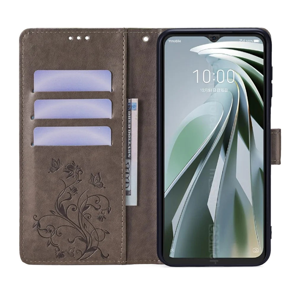 For ZTE Libero 5G IV Wallet Case Butterfly Flower Imprint Anti-Scratch PU Leather Phone Cover - Grey - 2