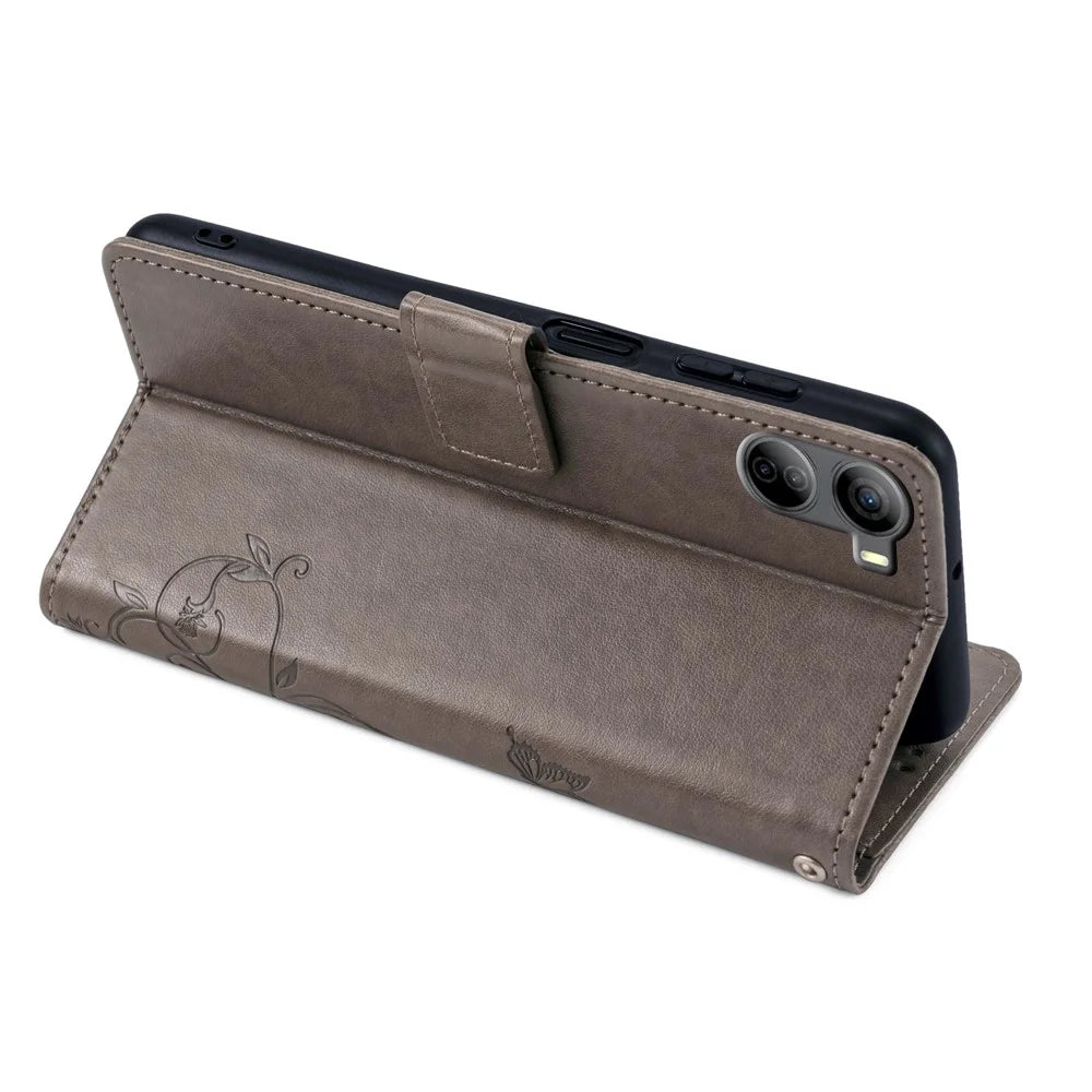 For ZTE Libero 5G IV Wallet Case Butterfly Flower Imprint Anti-Scratch PU Leather Phone Cover - Grey - 3