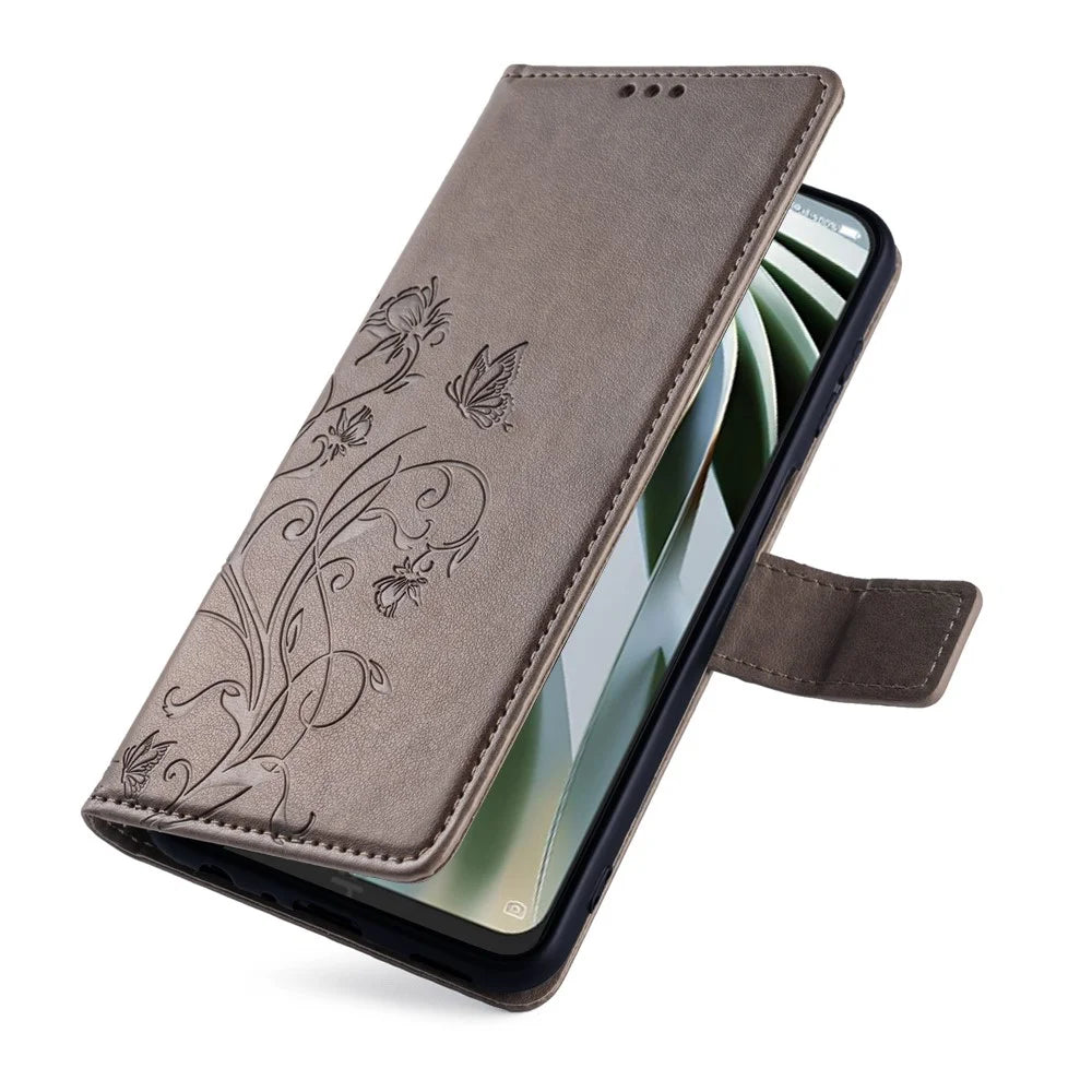 For ZTE Libero 5G IV Wallet Case Butterfly Flower Imprint Anti-Scratch PU Leather Phone Cover - Grey - 5