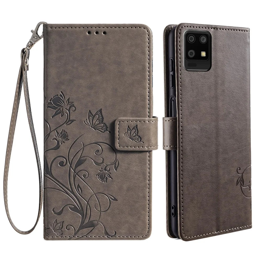 For Sharp Aquos Air / Aquos zero6 Case Butterfly Flower Leather Flipr Phone Cover with Wrist Strap - Grey - 1