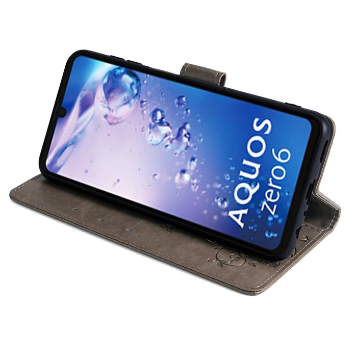 For Sharp Aquos Air / Aquos zero6 Case Butterfly Flower Leather Flipr Phone Cover with Wrist Strap - Grey - 4