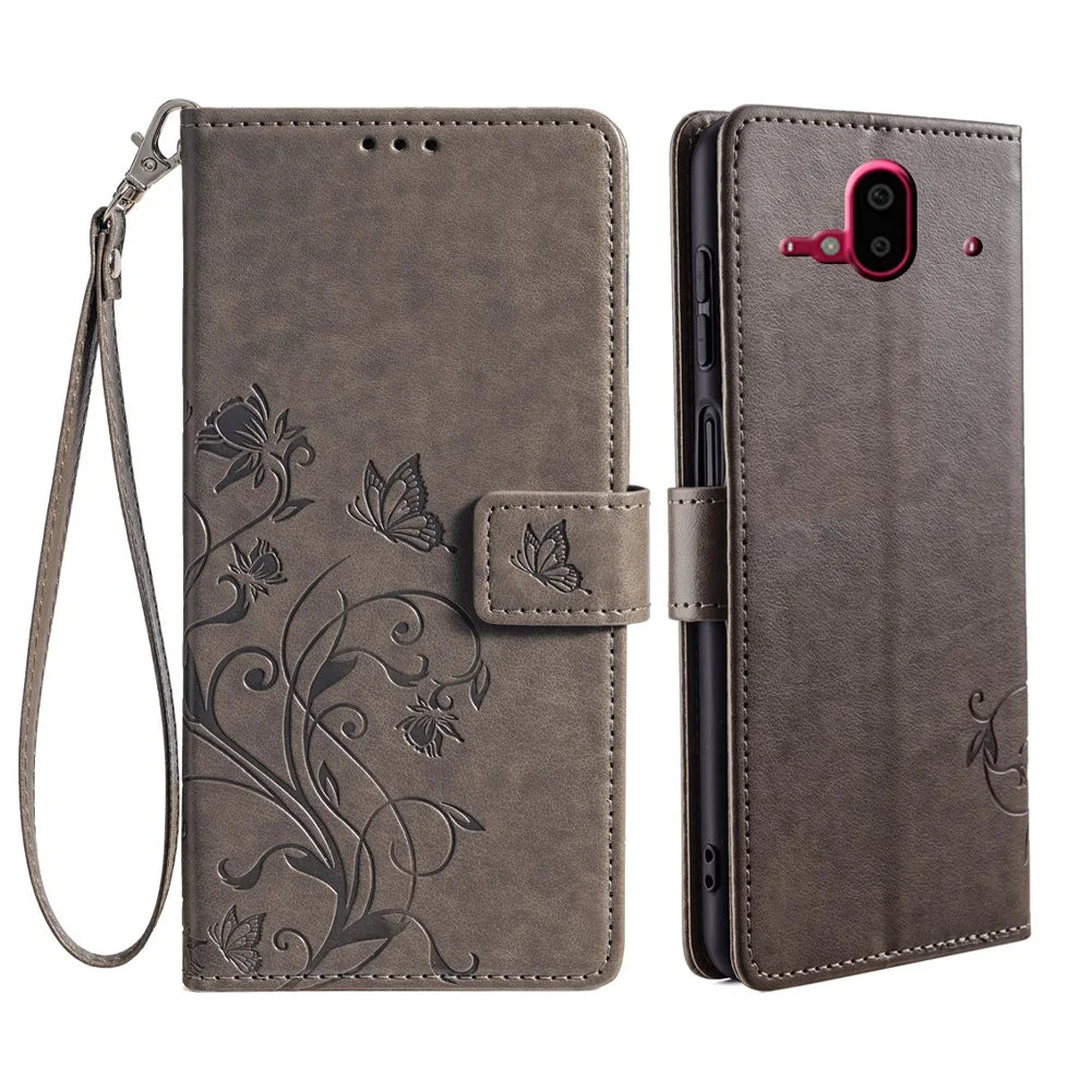 For Fujitsu Arrows F-52B Case Butterfly Flower Design Leather Phone Cover with 3 Card Holder - Grey - 1