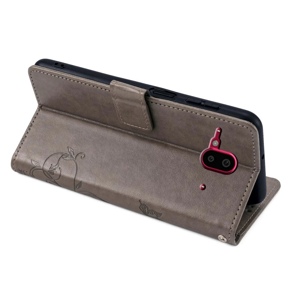 For Fujitsu Arrows F-52B Case Butterfly Flower Design Leather Phone Cover with 3 Card Holder - Grey - 3