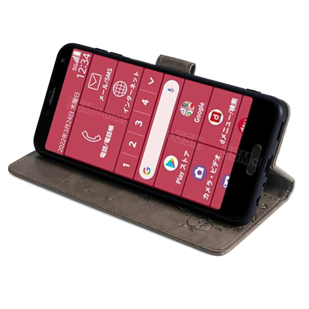 For Fujitsu Arrows F-52B Case Butterfly Flower Design Leather Phone Cover with 3 Card Holder - Grey - 4