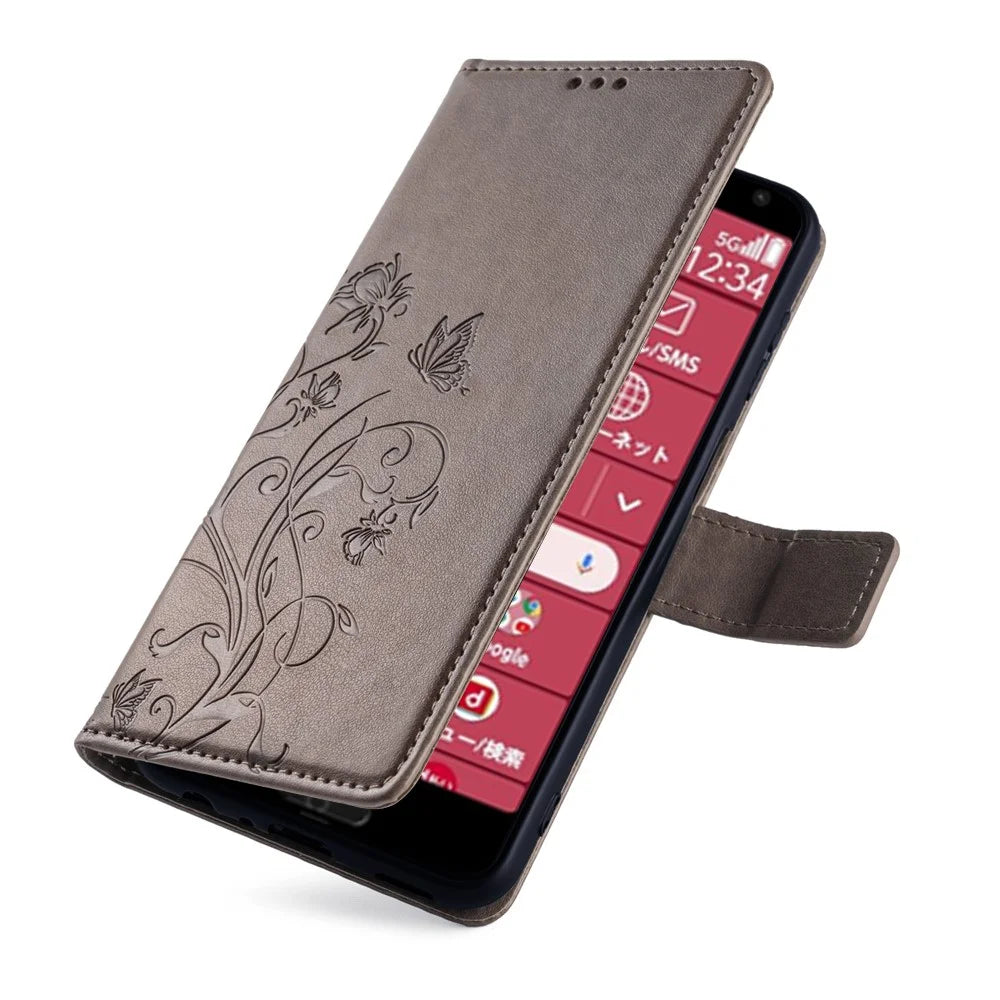 For Fujitsu Arrows F-52B Case Butterfly Flower Design Leather Phone Cover with 3 Card Holder - Grey - 5