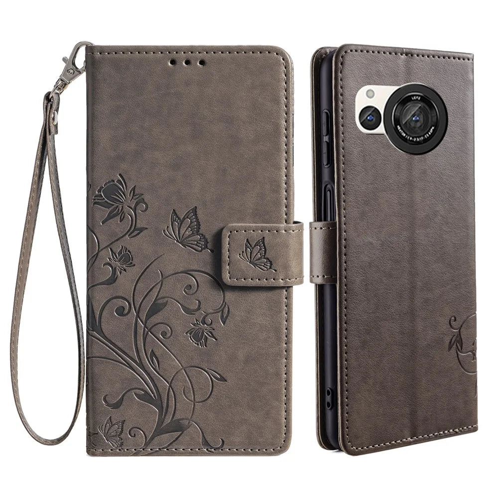 For Sharp Aquos R8 SH-52D Case Butterfly Flower Imprint PU Leather Wallet Phone Cover - Grey - 1