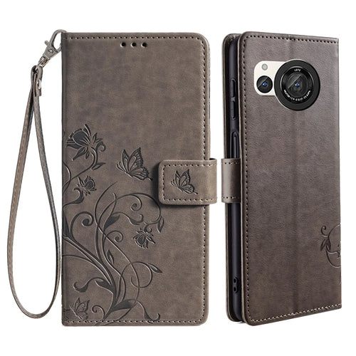 For Sharp Aquos R8 SH-52D Case Butterfly Flower Imprint PU Leather Wallet Phone Cover - Grey - 1