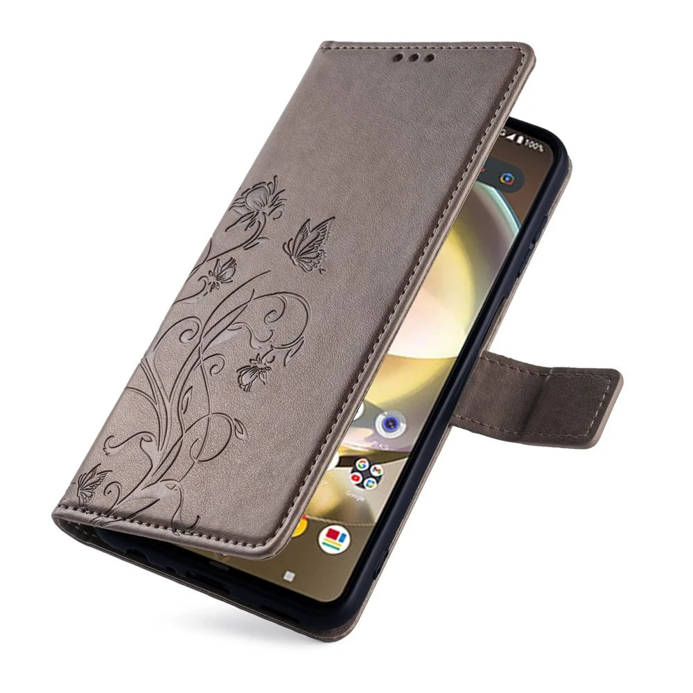 For Sharp Aquos R8 SH-52D Case Butterfly Flower Imprint PU Leather Wallet Phone Cover - Grey - 5