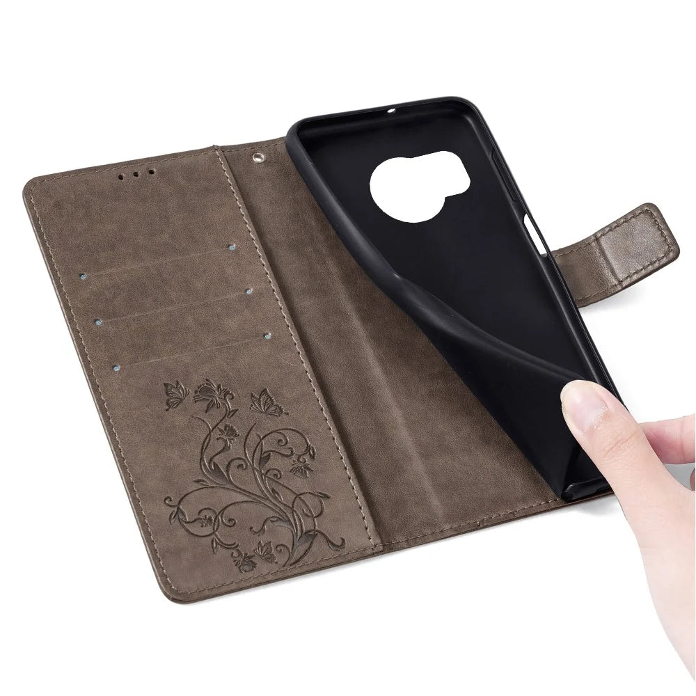 For Sharp Aquos R8 SH-52D Case Butterfly Flower Imprint PU Leather Wallet Phone Cover - Grey - 6