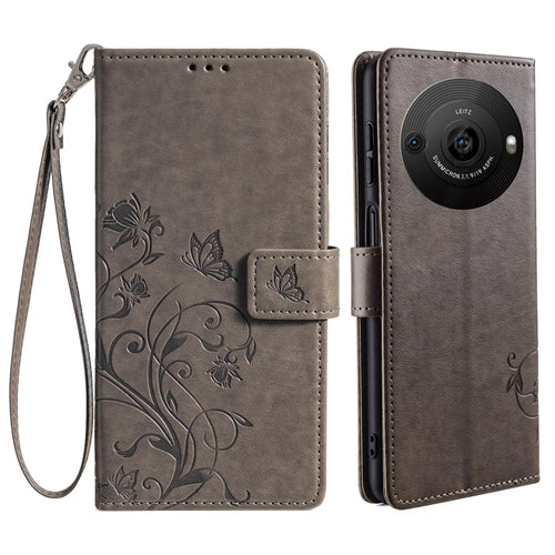 For Sharp Aquos R8 Pro SH-51D Leather Case Imprinted Butterfly Flower Stand Card Slots Phone Cover - Grey - 1