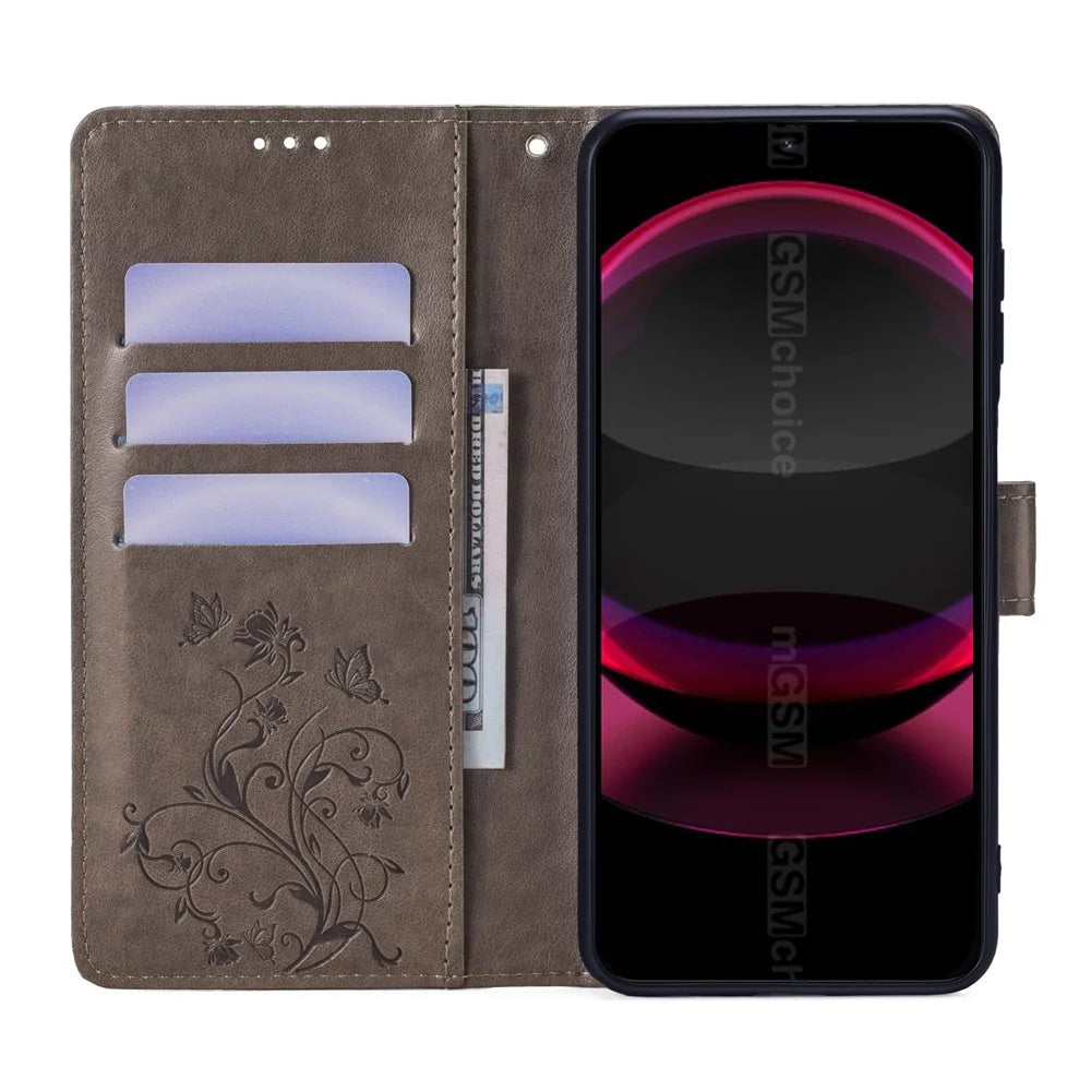For Sharp Aquos R8 Pro SH-51D Leather Case Imprinted Butterfly Flower Stand Card Slots Phone Cover - Grey - 2