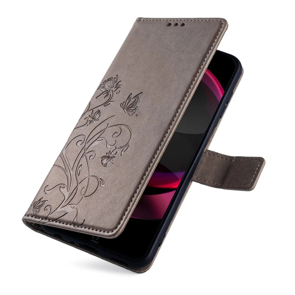 For Sharp Aquos R8 Pro SH-51D Leather Case Imprinted Butterfly Flower Stand Card Slots Phone Cover - Grey - 5