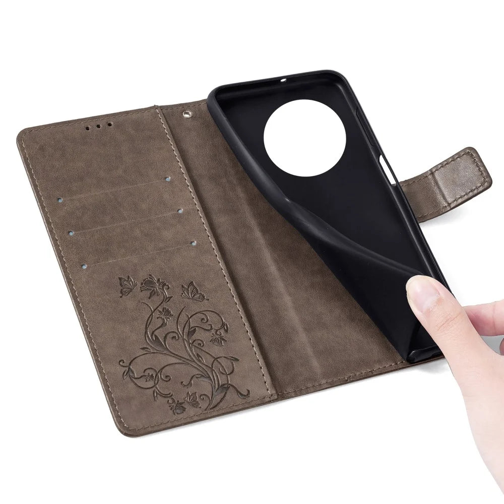 For Sharp Aquos R8 Pro SH-51D Leather Case Imprinted Butterfly Flower Stand Card Slots Phone Cover - Grey - 6