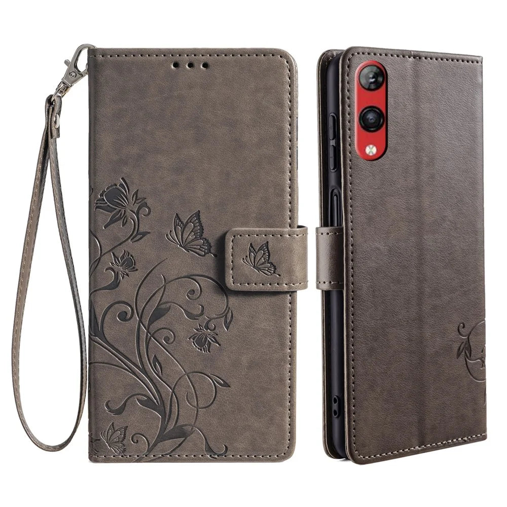 For Rakuten Hand 4G Case Leather Wallet Stand Phone Cover with Hand Strap - Grey - 1