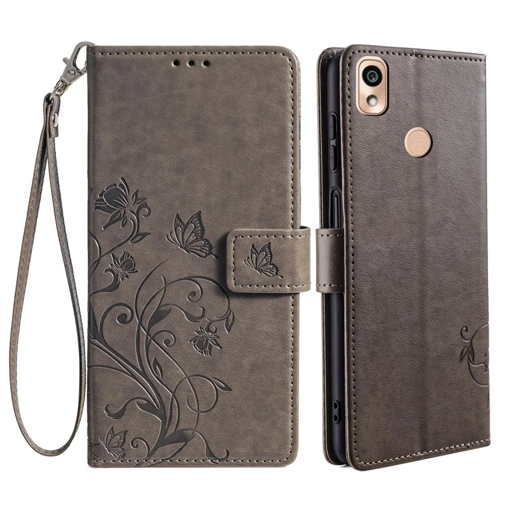 For Kyocera KY-51B Case Butterfly Flower PU Leather Magnetic Clasp Wallet Flip Phone Cover - Grey - 1