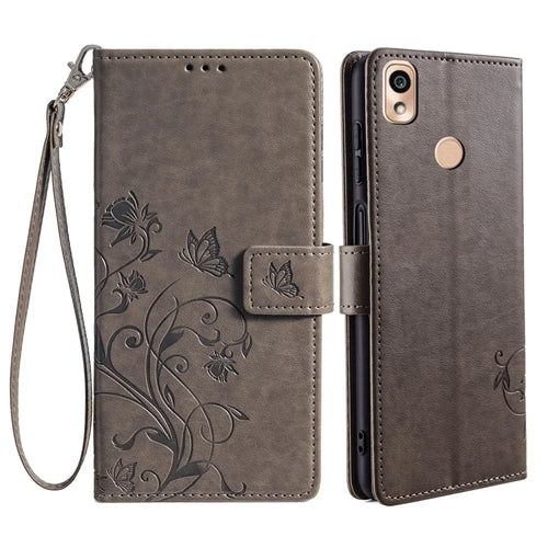 For Kyocera KY-51B Case Butterfly Flower PU Leather Magnetic Clasp Wallet Flip Phone Cover - Grey - 1