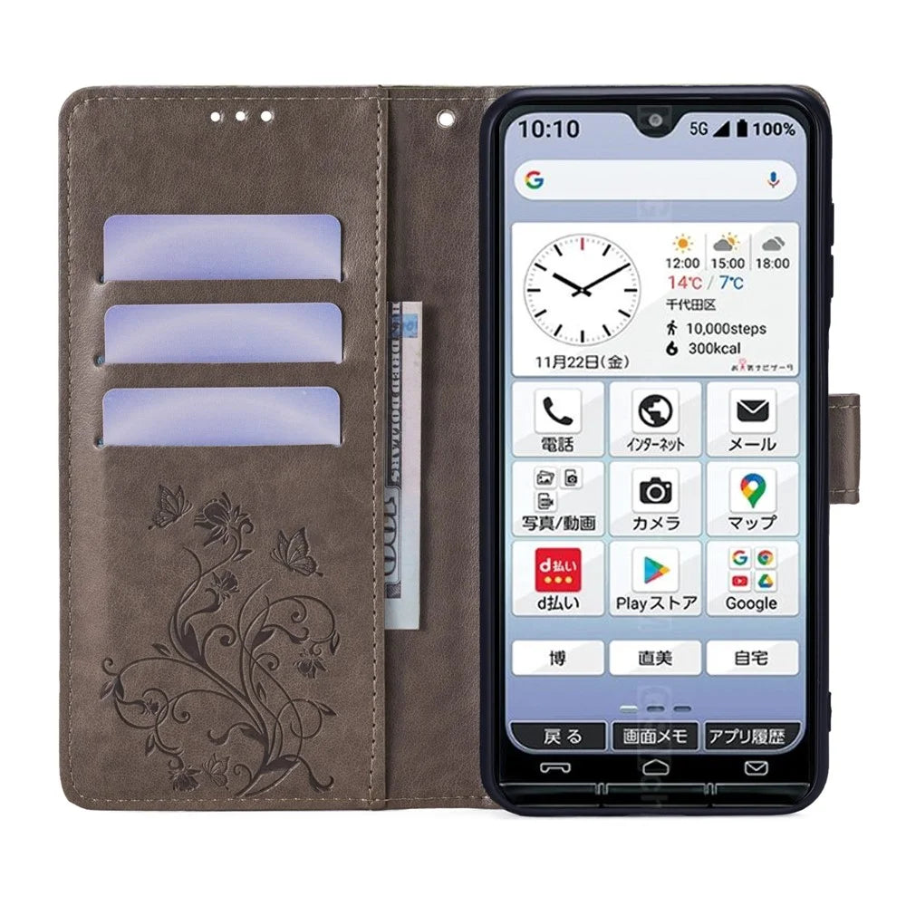 For Kyocera KY-51B Case Butterfly Flower PU Leather Magnetic Clasp Wallet Flip Phone Cover - Grey - 2