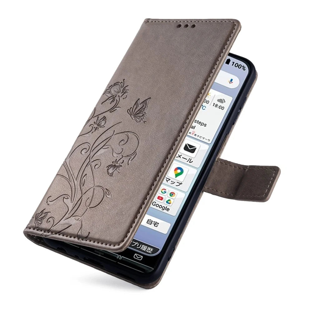 For Kyocera KY-51B Case Butterfly Flower PU Leather Magnetic Clasp Wallet Flip Phone Cover - Grey - 5
