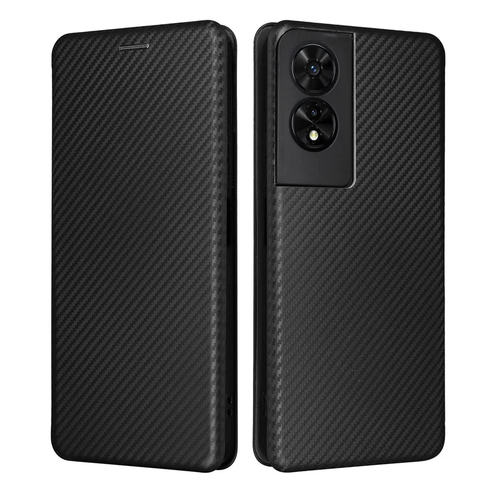 For TCL 505 Phone Case Carbon Fiber Texture Leather Magnetic Closing Shell - Black - 1